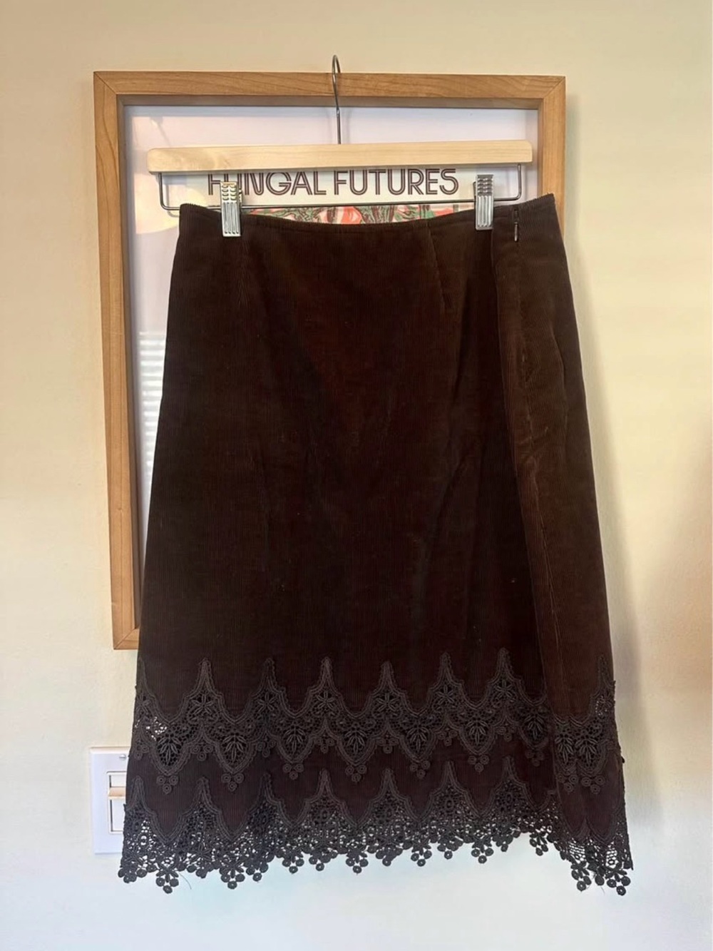 Cynthia Steffe Brown Corduroy Midi Skirt with Lace Hem